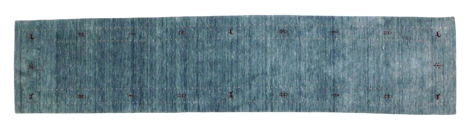 RUG: Gabbeh Tribal runner, 2' 6" x 11' 9", wool on cotton, blue gray ground, animal totems, wear: RUG: Gabbeh Tribal runner, 2' 6" x 11' 9", wool on cotton, blue gray ground, animal totems, wear consistent with age and use, made in the last ten years.