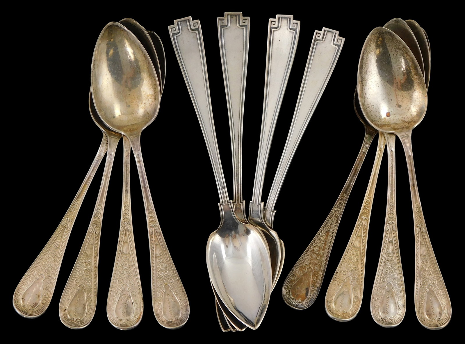 STERLING: Gorham "Hindostanee" and "Etruscan" pattern sterling spoons, twelve pieces, all marked on (1 of 3)