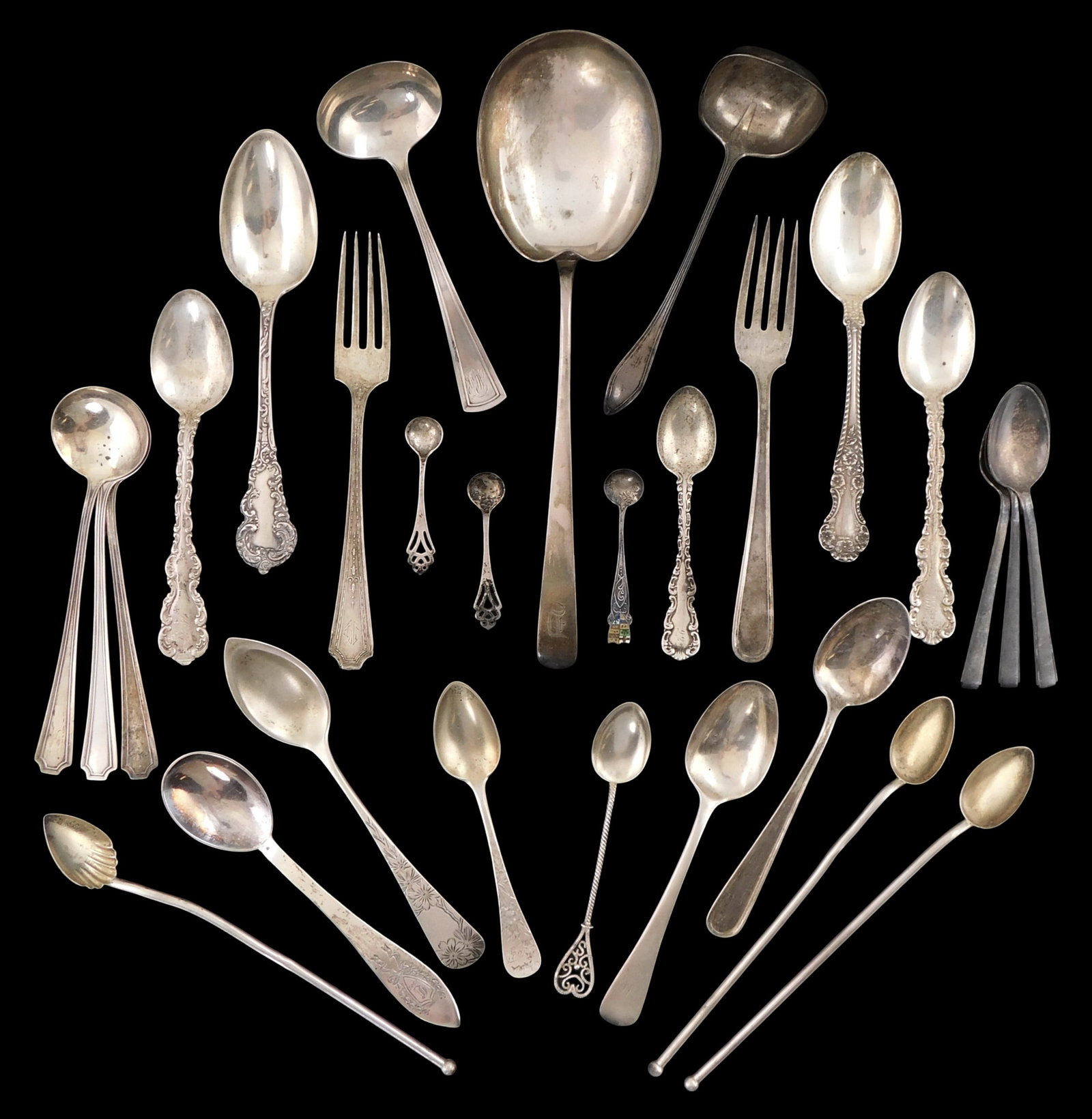 STERLING: Durgin, Gorham, Dominick & Haff, etc., twenty-eight pieces of flatware and servingware, (1 of 3)