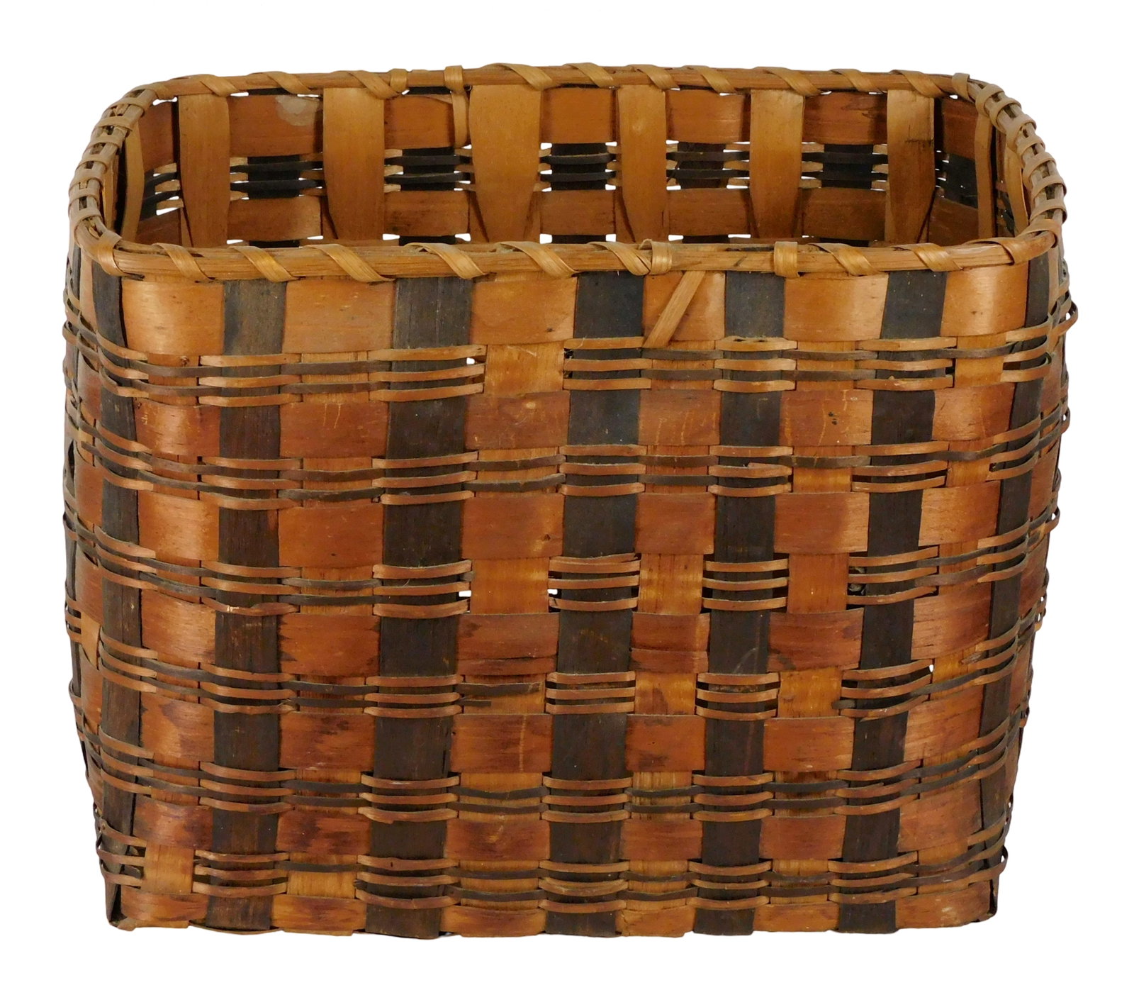 TRIBAL: Large square Native American splint basket, New England, likely 19th C., dyed/ stained (1 of 4)