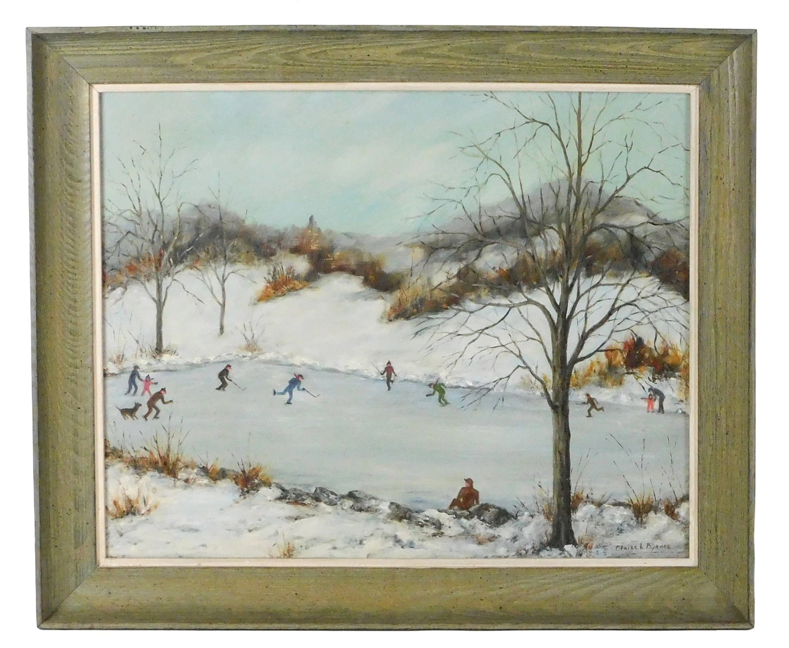 Primitive New England scene of ice skaters on pond, oil on board, bearing the signature “ (1 of 4)