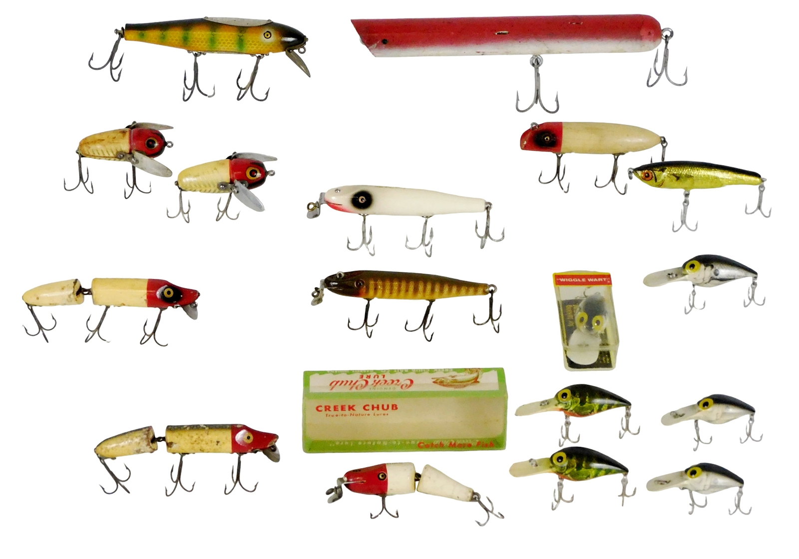 FISHING: Seventeen vintage fishing lures, Heddon, Creek Chub, Storm, etc., 20th C., details include: (1 of 7)