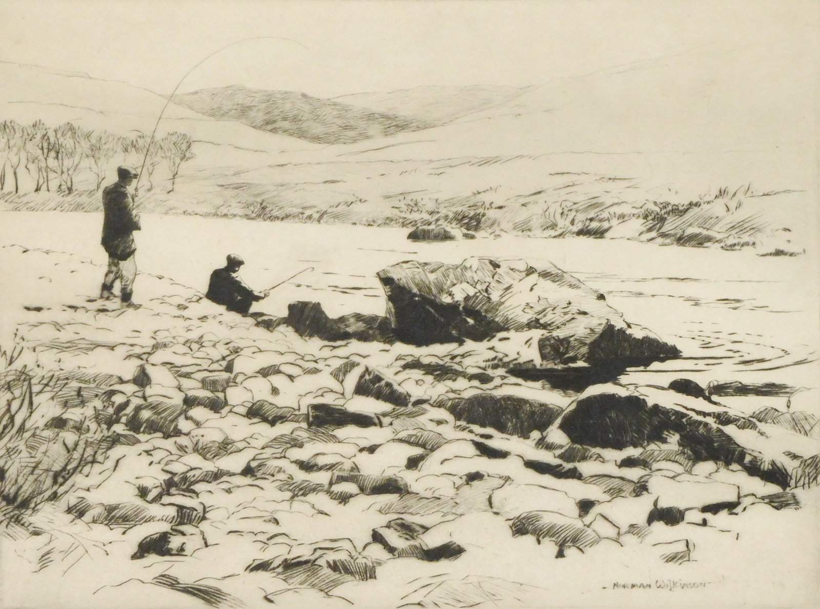 Norman Wilkinson (England, 1878-1971), “The Stream Pool”, etching, two fishermen stand (1 of 5)