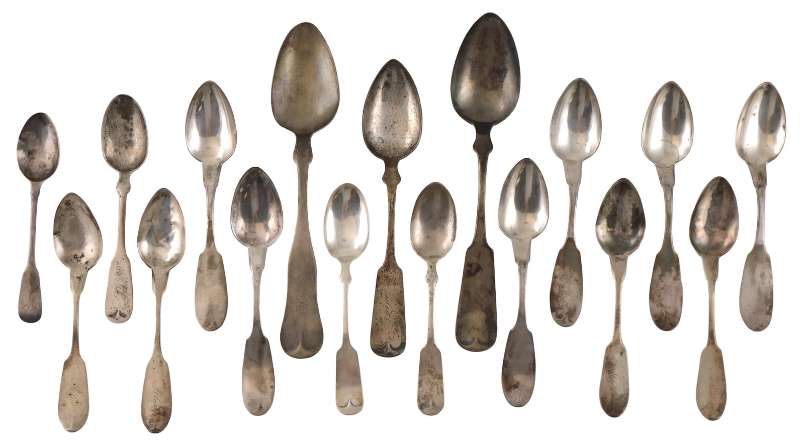 AMERICAN SILVER: Seventeen coin and sterling silver spoons, all but one by early American: AMERICAN SILVER: Seventeen coin and sterling silver spoons, all but one by early American silversmiths, one English, details include: six stamped 'Pure Coin' teaspoons by William Pitkin (East Hartford