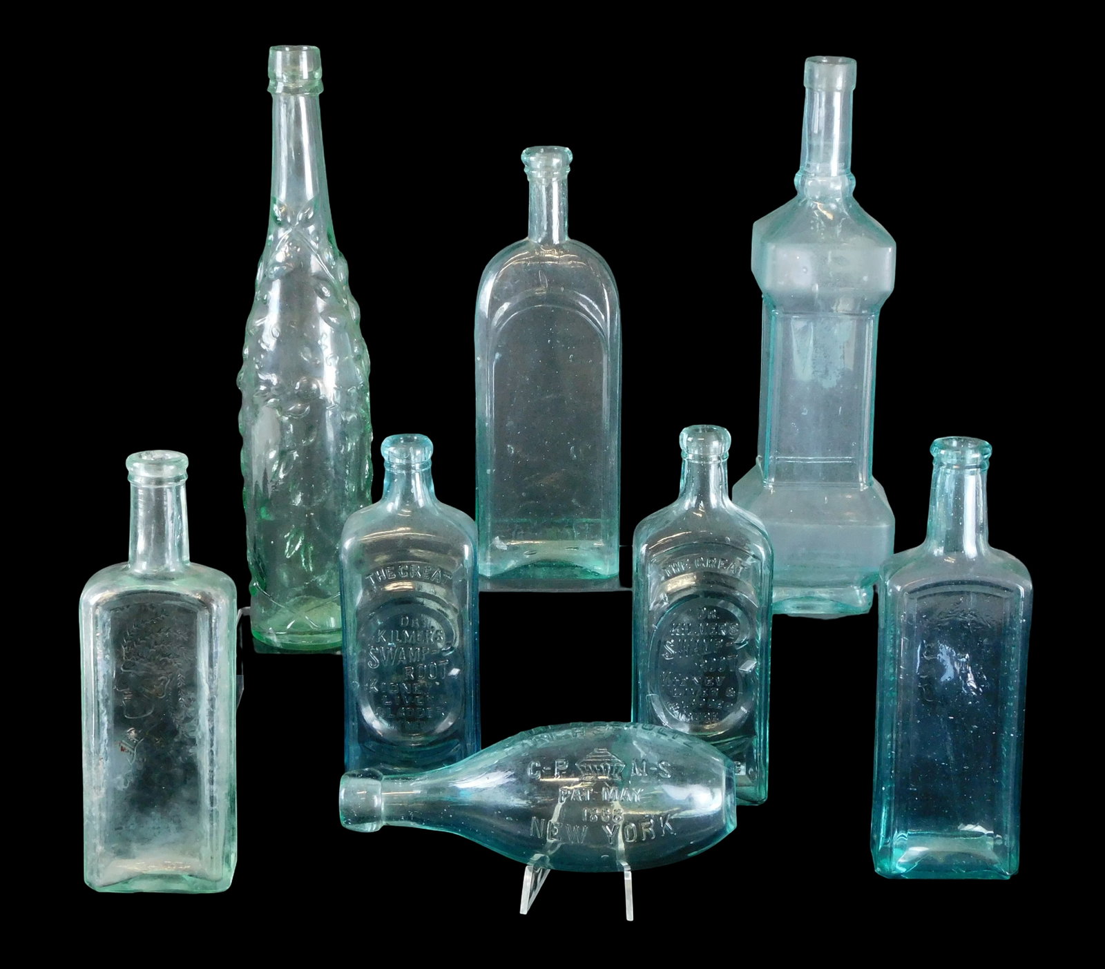 GLASS: Eight antique aqua glass advertising bottles, many embossed, late 19th-early 20th C., details (1 of 7)