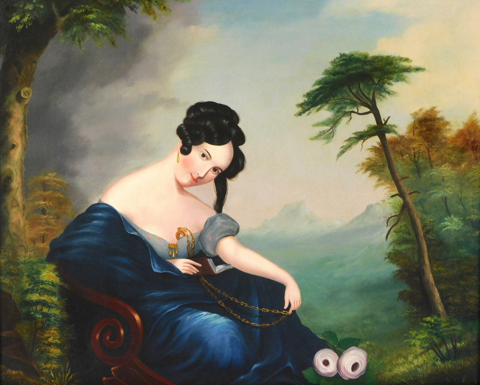 19th C. portrait of a woman, oil on canvas, possibly American School, lady wearing blue dress sits: 19th C. portrait of a woman, oil on canvas, possibly American School, lady wearing blue dress sits outside holding book, surrounded by trees and other foliage, unsigned, gilt frame, condition consiste