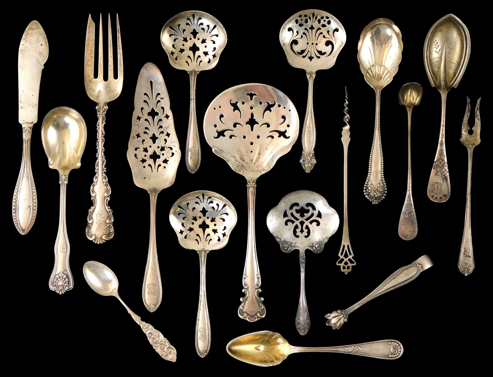STERLING: Seventeen pieces of ornate servingware by Gorham, Dominick & Haff, Frank M. Whiting, (1 of 3)
