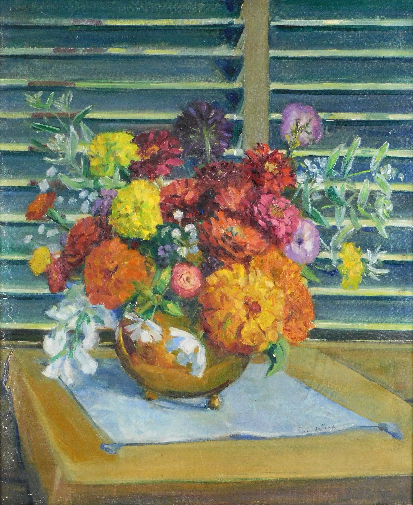 Cornelia Vetter (Connecticut, 1881-1959), "Zinnias" floral still life, oil on canvas, polychrome (1 of 6)