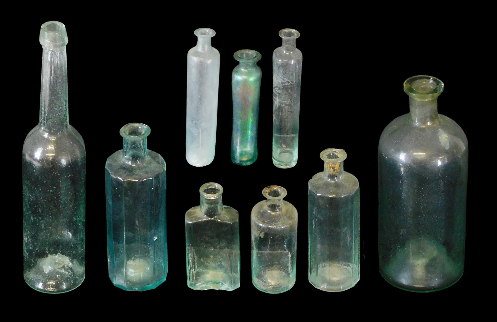GLASS: Early pontiled medicine, apothecary and utility bottles, nine pieces, mid 19th C., all aqua, (1 of 10)