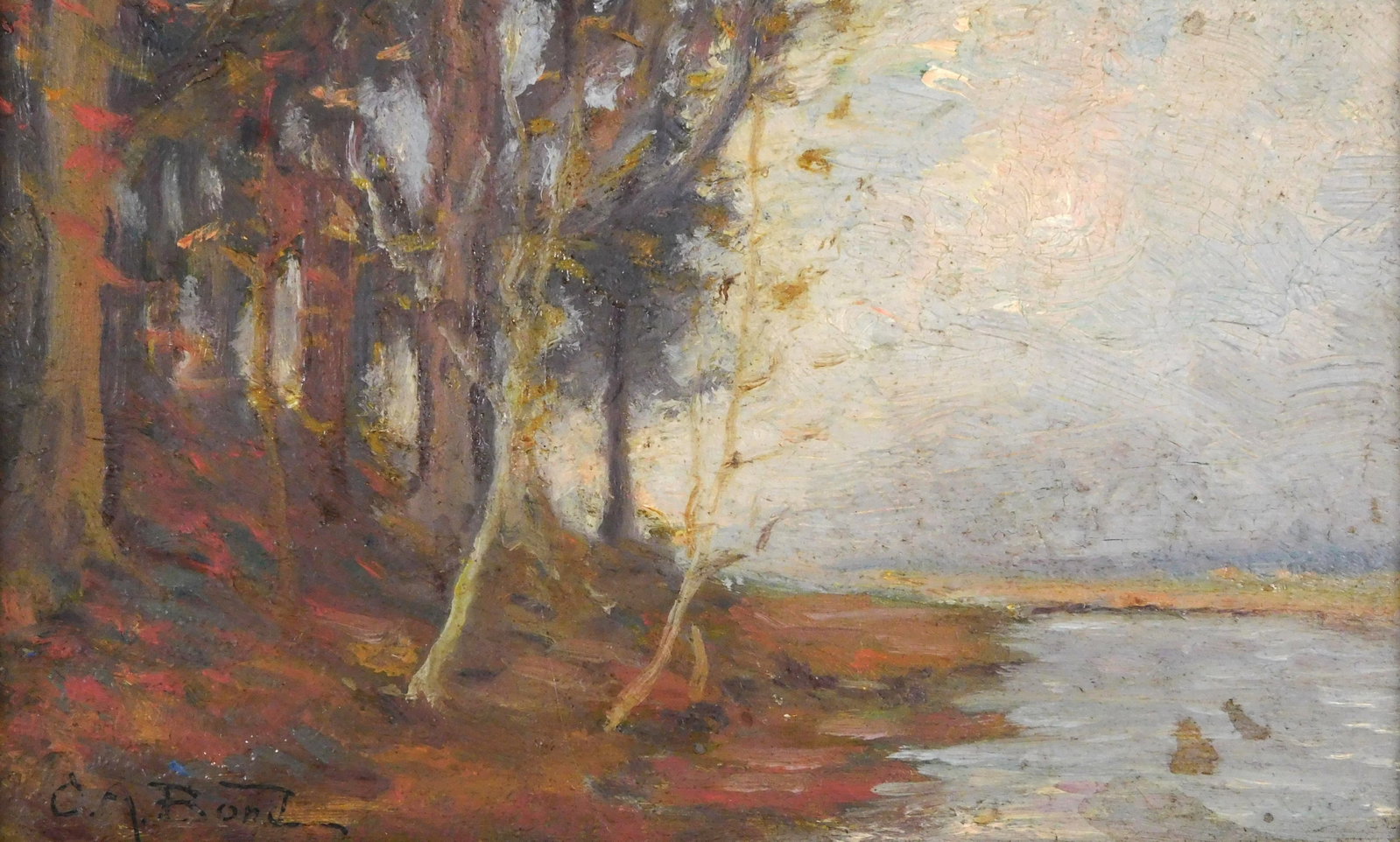 Cash Arthur Bond (American, 1876-1952), impressionistic landscape, late 19th- early 20th C., oil on: Cash Arthur Bond (American, 1876-1952), impressionistic landscape, late 19th- early 20th C., oil on board, depicts a tree line in fall colors along the bank of a stream or pond, signed "C.A. Bond" low