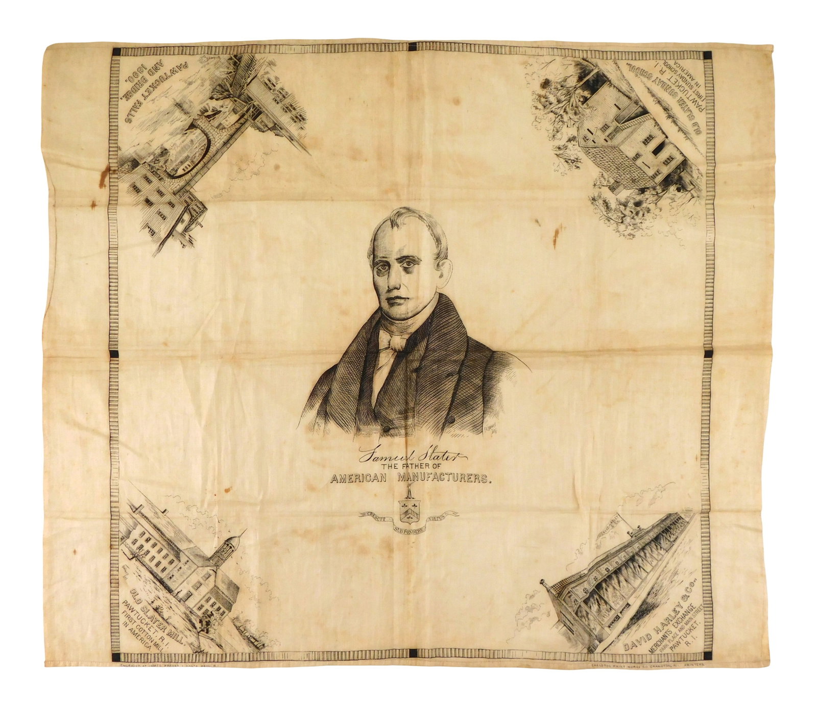 ADVERTISING: "Samuel Slater, Father of American Manufacturers", 1890, broadside printed on cotton (1 of 5)