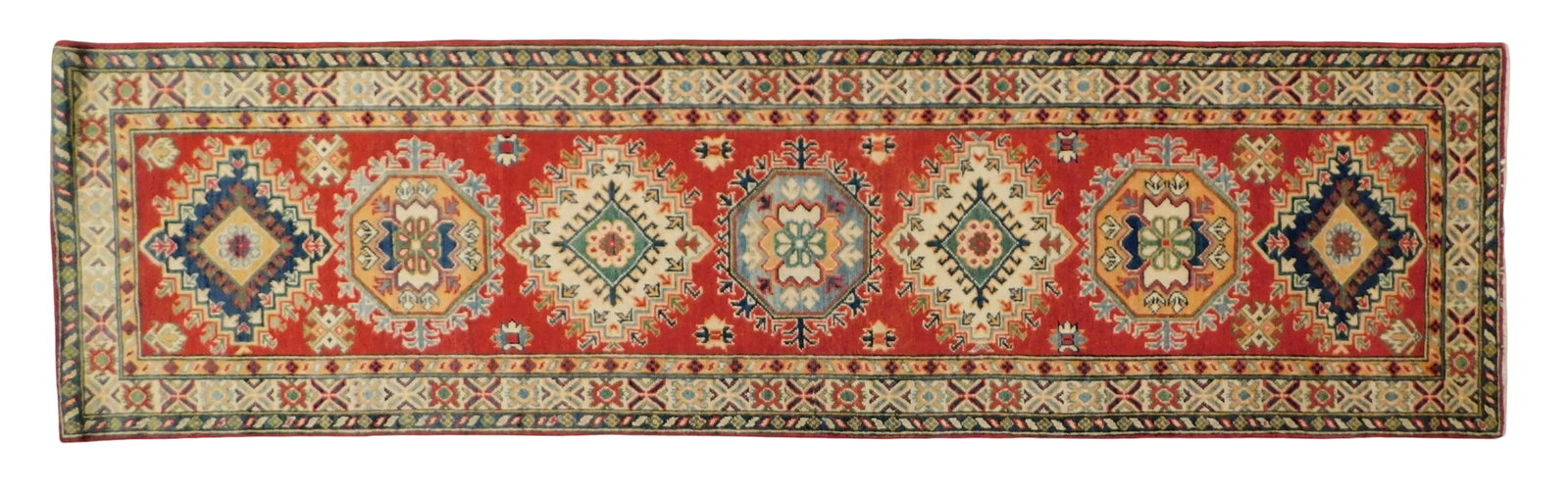 RUG: Uzbek Kazak runner, 2' 8" x 9' 8", wool on cotton, red field, cream border, wear consistent (1 of 2)
