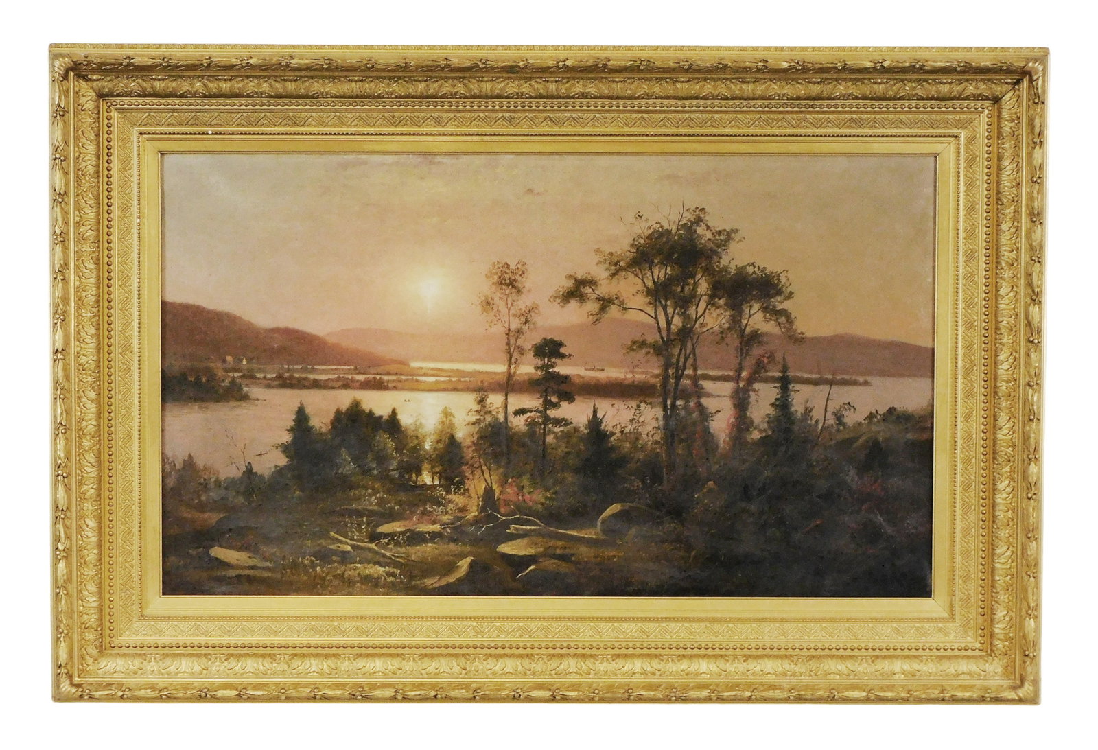 Bradley Brayton Bucklin (New York, 1824-1915), oil on canvas, pink hazy sunset over water, sun (1 of 4)