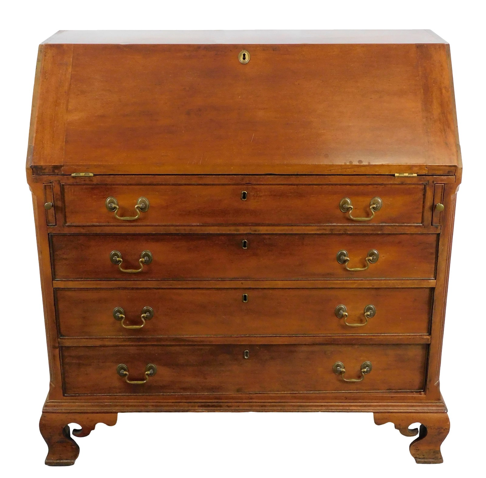 Connecticut slant-lid desk, 18th C., New London County, maple and pine, slanting lid opening to (1 of 6)