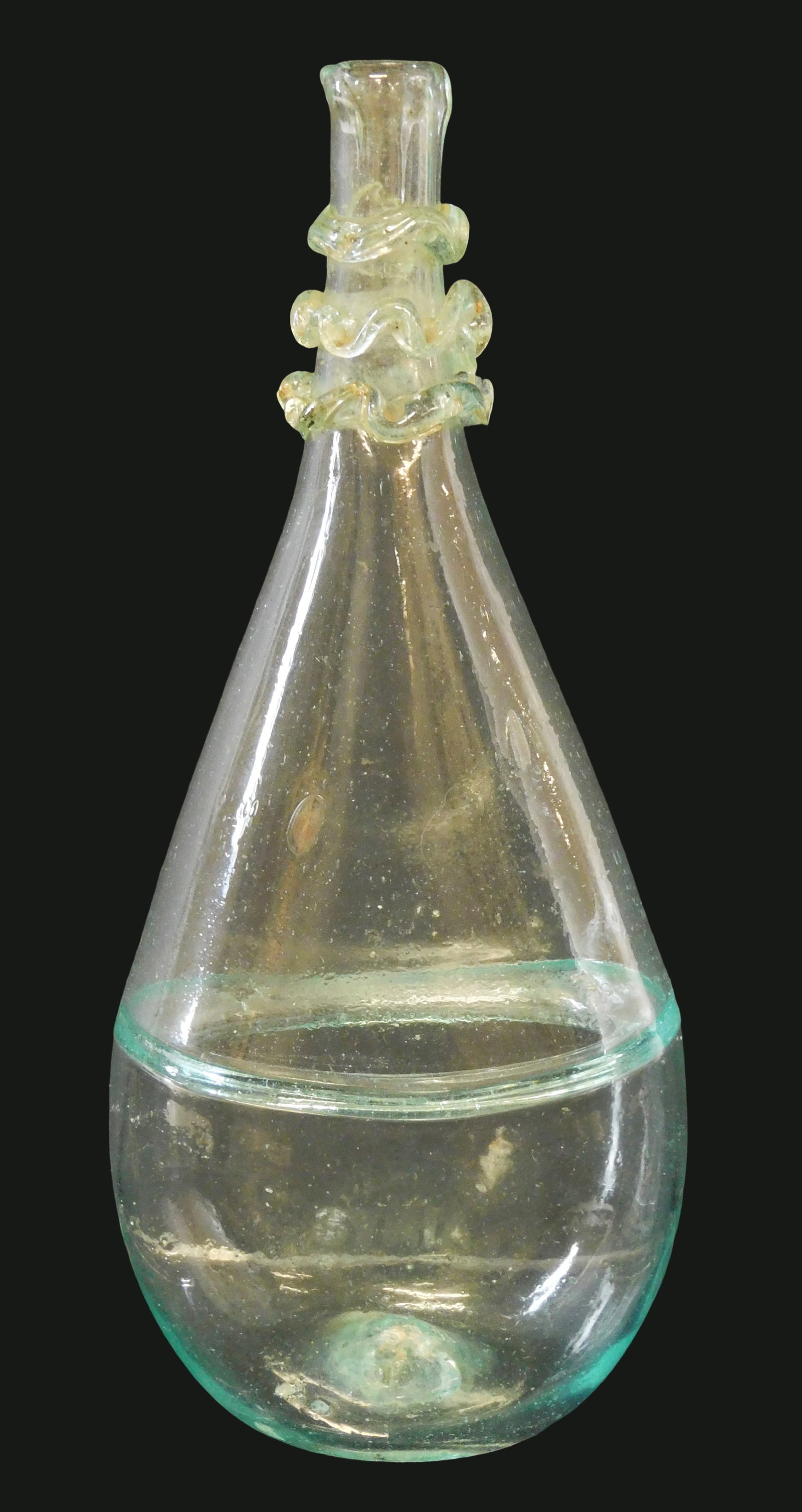 GLASS: Antique free blown glass teardrop flask with trailing, c.1800, likely Syrian or Islamic, (1 of 4)