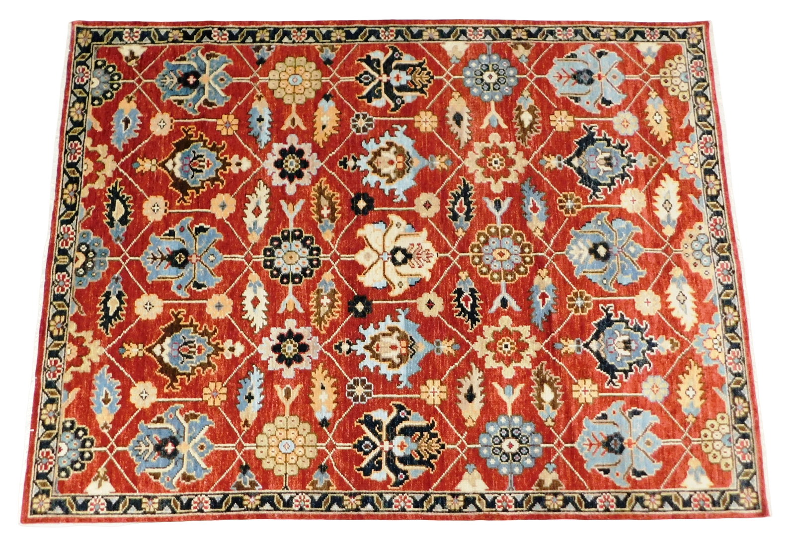 RUG: Agra Serapi, 7' 7" x 10', wool on cotton, deep red ground, navy border, accents of light blue, (1 of 2)