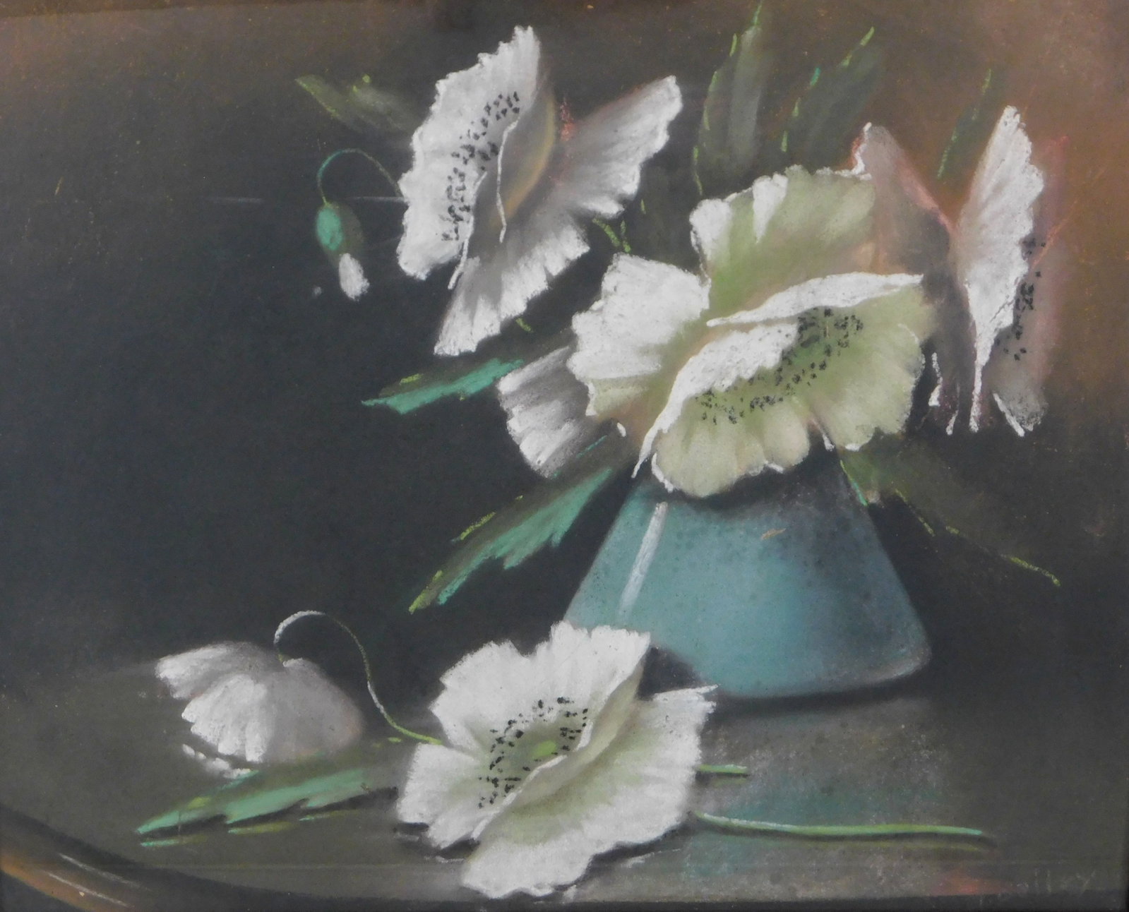 T. Bailey floral still life, early 20th C., pastel on board, lilies rest on table and inside of (1 of 5)