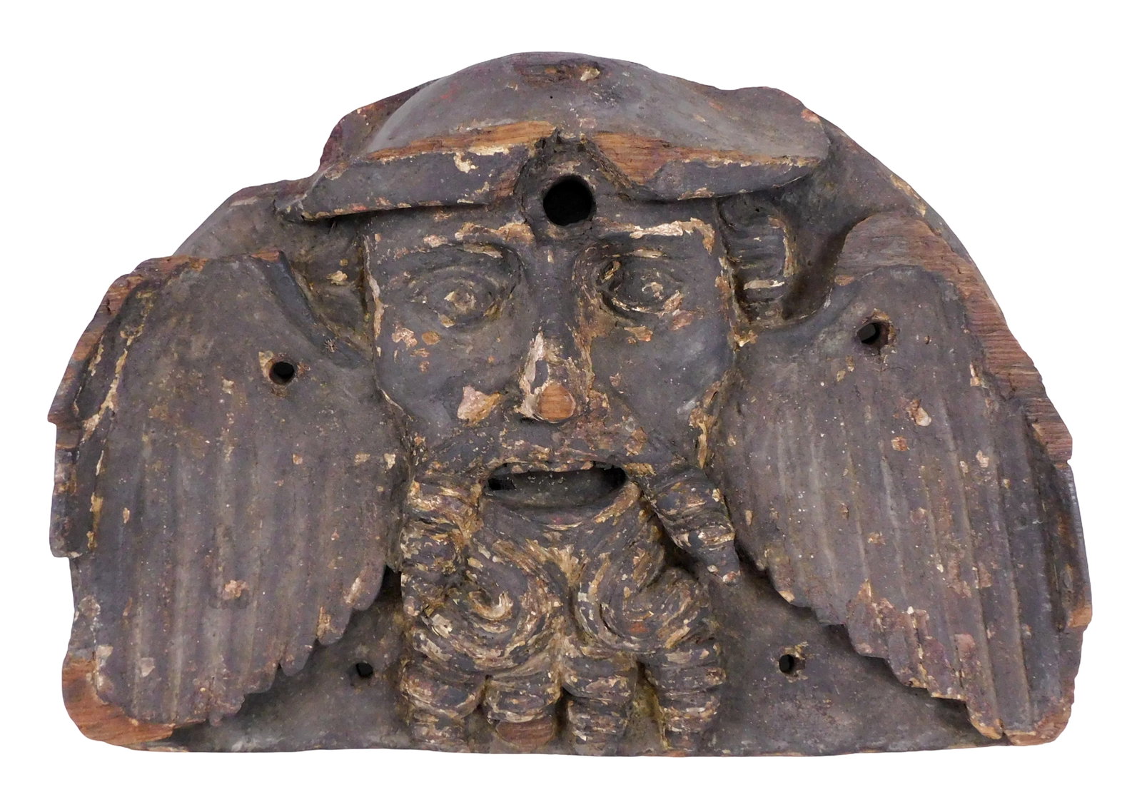 Early carved wood architectural remnant, English or American Colonial, 18th/ early 19th C., painted: Early carved wood architectural remnant, English or American Colonial, 18th/ early 19th C., painted black finish over gesso/ plaster, masque of bearded man with carved open mouth and teeth, simple dow
