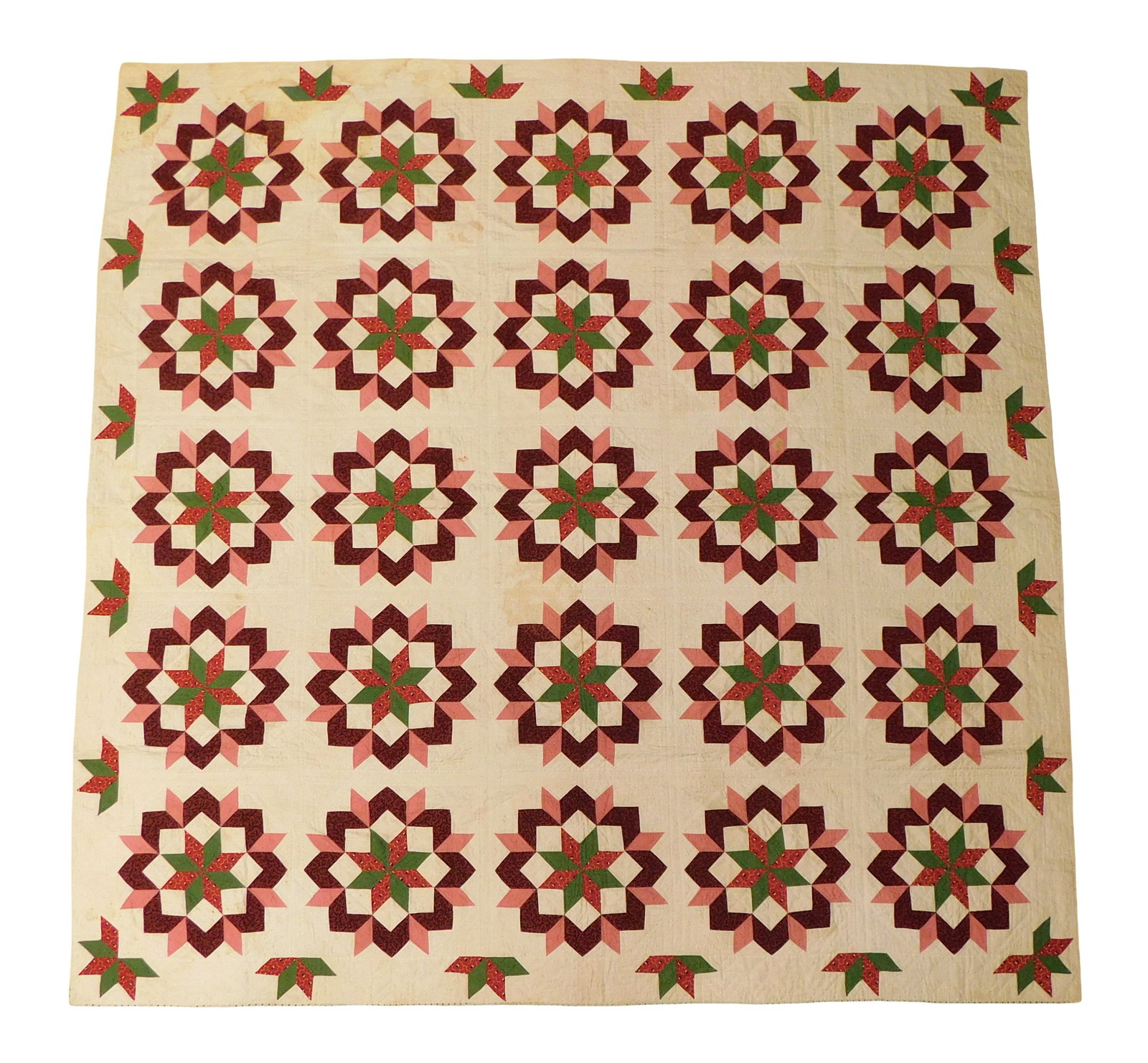 TEXTILE: Hand stitched American quilt/coverlet, 81 1/2" x 82", 19th C. or later, pieced cotton,: TEXTILE: Hand stitched American quilt/coverlet, 81 1/2" x 82", 19th C. or later, pieced cotton, repeating medallions in colors of pink, red, green etc., on white ground, calico liner on reverse, wear 