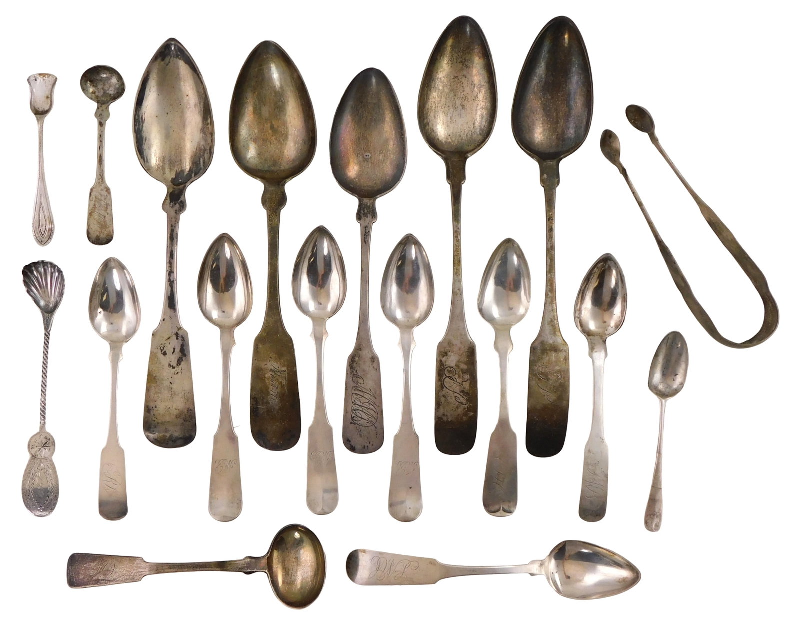 AMERICAN COIN SILVER: Eighteen pieces of early coin silver by American makers, most hallmarked, (1 of 2)
