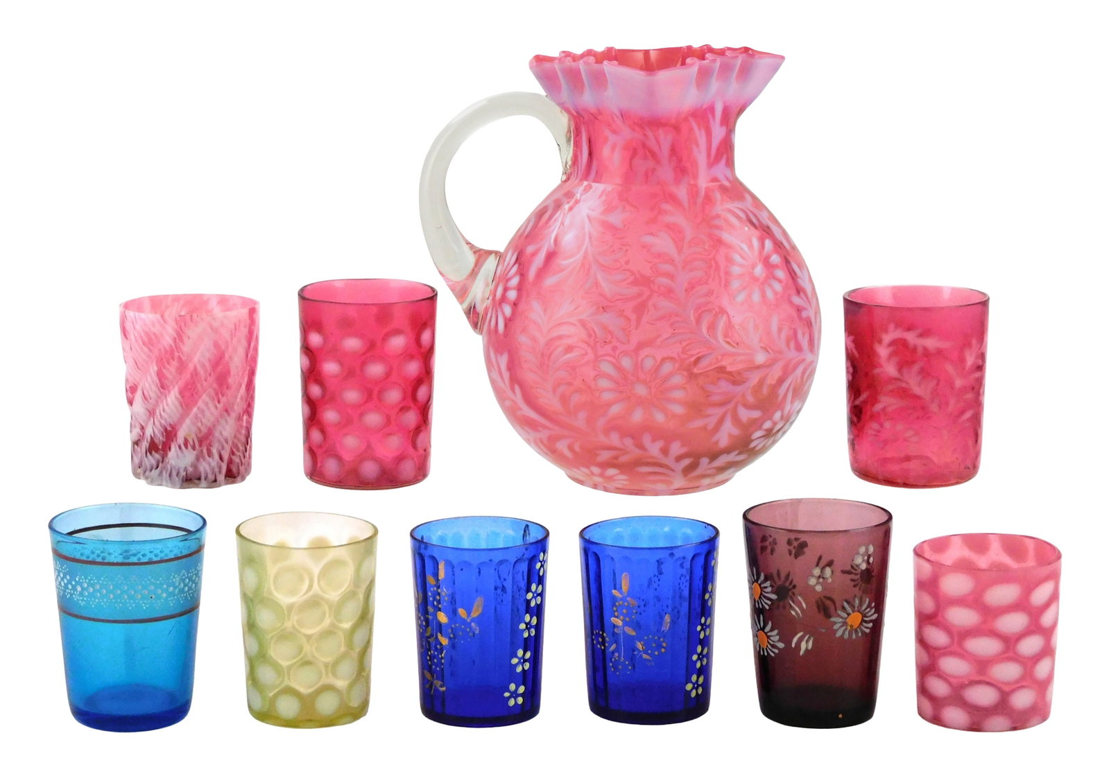 ART GLASS: Fenton and Victorian art glass pitcher and tumblers, ten pieces, late 19th- early 20th (1 of 4)