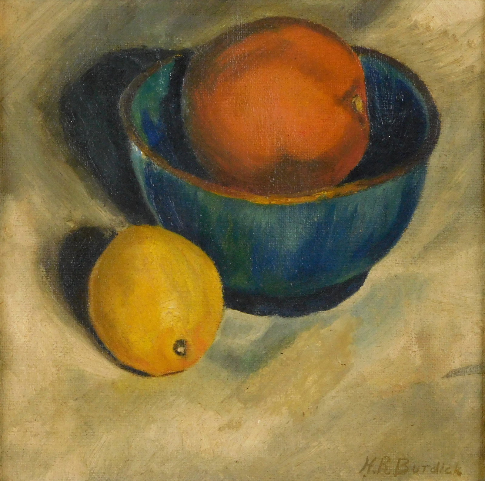 Horace R. Burdick (CT/RI/MA, 1844-1942), oil on canvas, still life with fruit, lemon rests on tan: Horace R. Burdick (CT/RI/MA, 1844-1942), oil on canvas, still life with fruit, lemon rests on tan table-top with apple/peach in blue bowl, signed lower right, framed, condition consistent with age inc