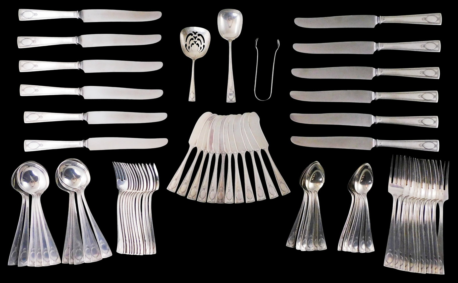 STERLING: "Carthage" pattern flatware and serving pieces by Wallace Silver Co. (Wallingford, CT,: STERLING: "Carthage" pattern flatware and serving pieces by Wallace Silver Co. (Wallingford, CT, 1871- present), sterling silver service for twelve, all hallmarked on reverse, pieces include: twelve w