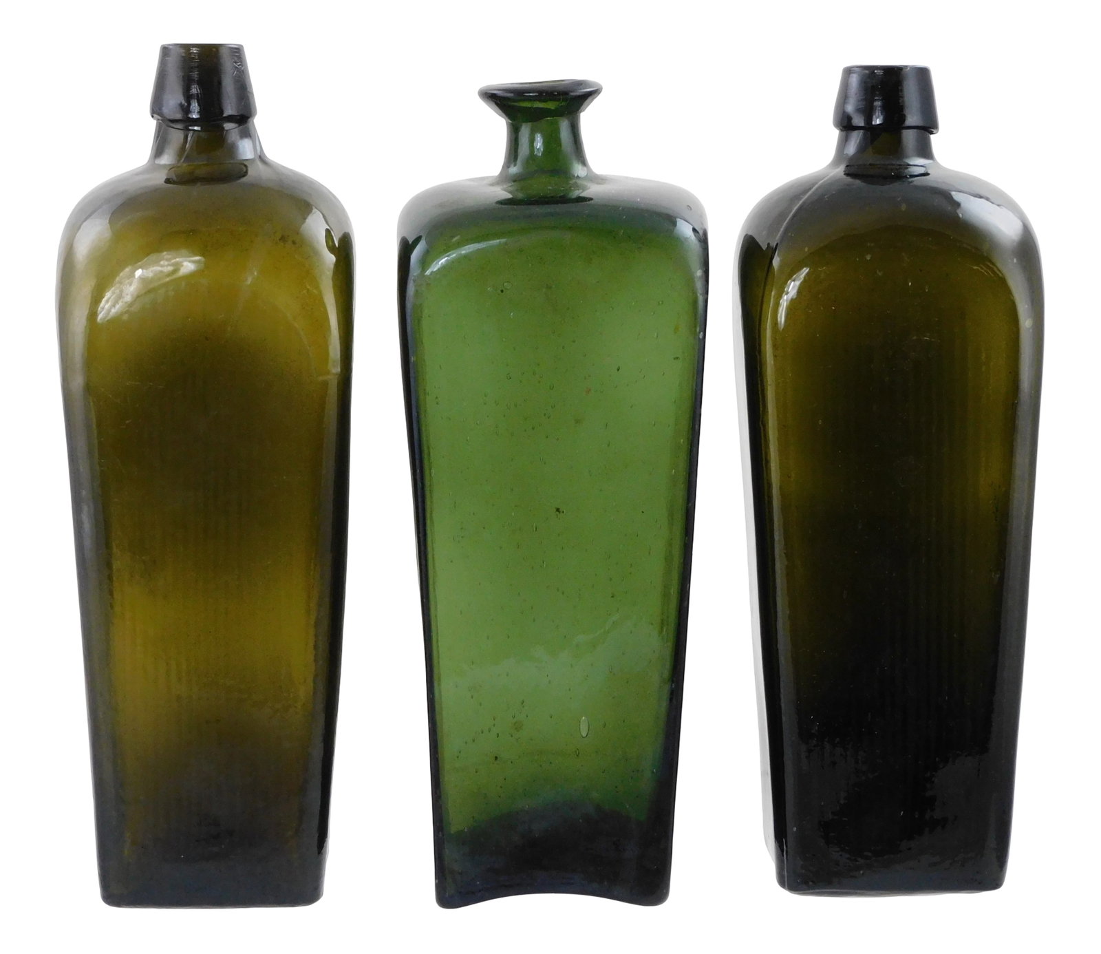GLASS: Three case gin bottles, one free blown with pontil, 19th C., details include: two dark to (1 of 3)