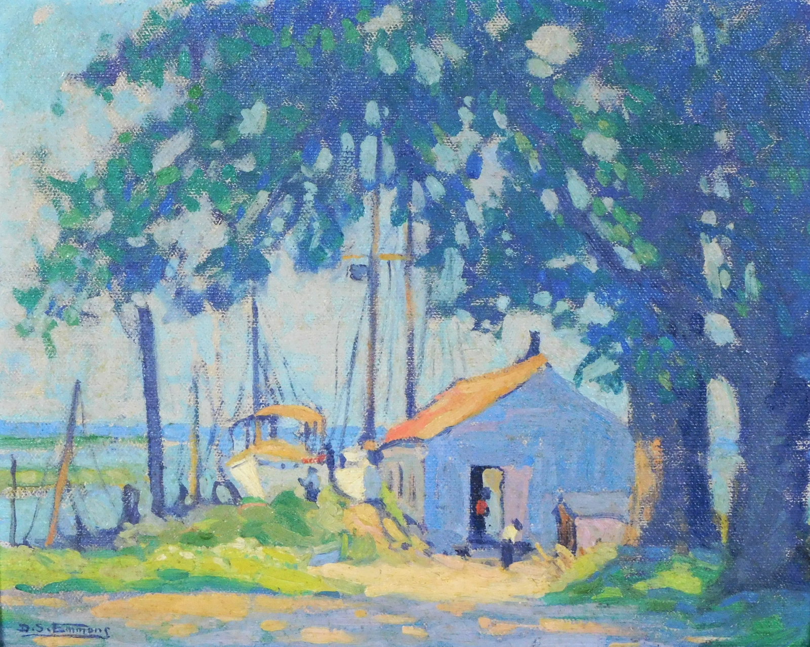 Dorothy Stanley Emmons (American, 1891 - 1960), "Boat House- Clinton", 1925, oil on artist board,: Dorothy Stanley Emmons (American, 1891 - 1960), "Boat House- Clinton", 1925, oil on artist board, depicts outhouse and collection of boats on edge of shore/ inlet, boat house partly shadowed by two la