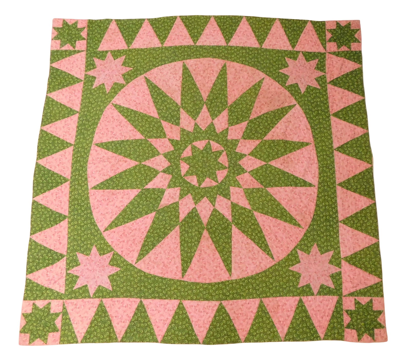 TEXTILE: Hand stitched American quilt/coverlet, 84 3/4" x 84 1/2", 20th C., pieced cotton, pink and: TEXTILE: Hand stitched American quilt/coverlet, 84 3/4" x 84 1/2", 20th C., pieced cotton, pink and green design with central star medallion, red gingham edging and liner, wear consistent with age, in