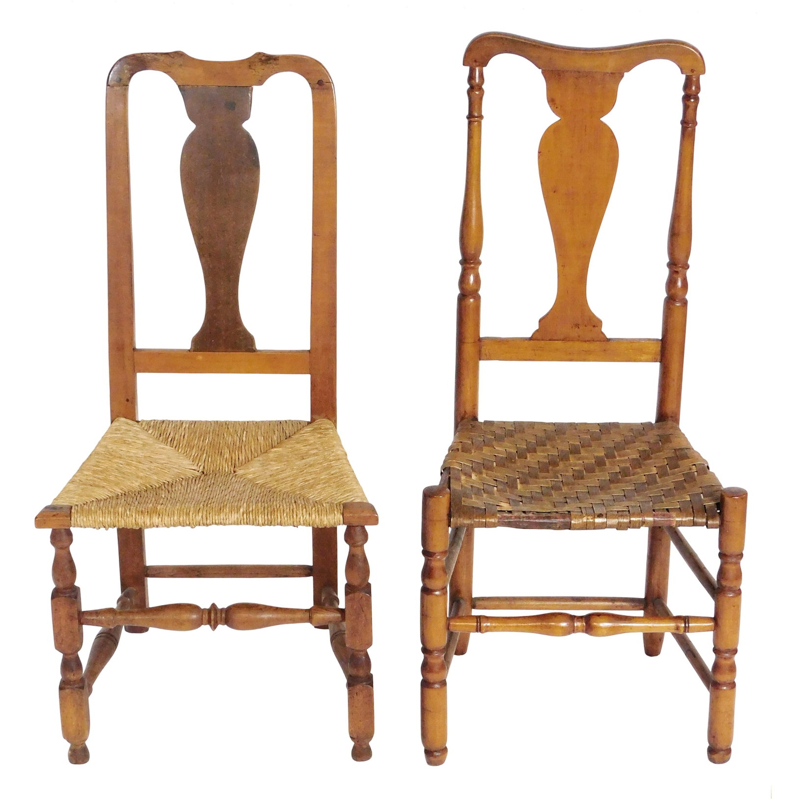 Two Queen Anne country side chairs, New England, late 18th C. details include: one with rush seat, (1 of 4)