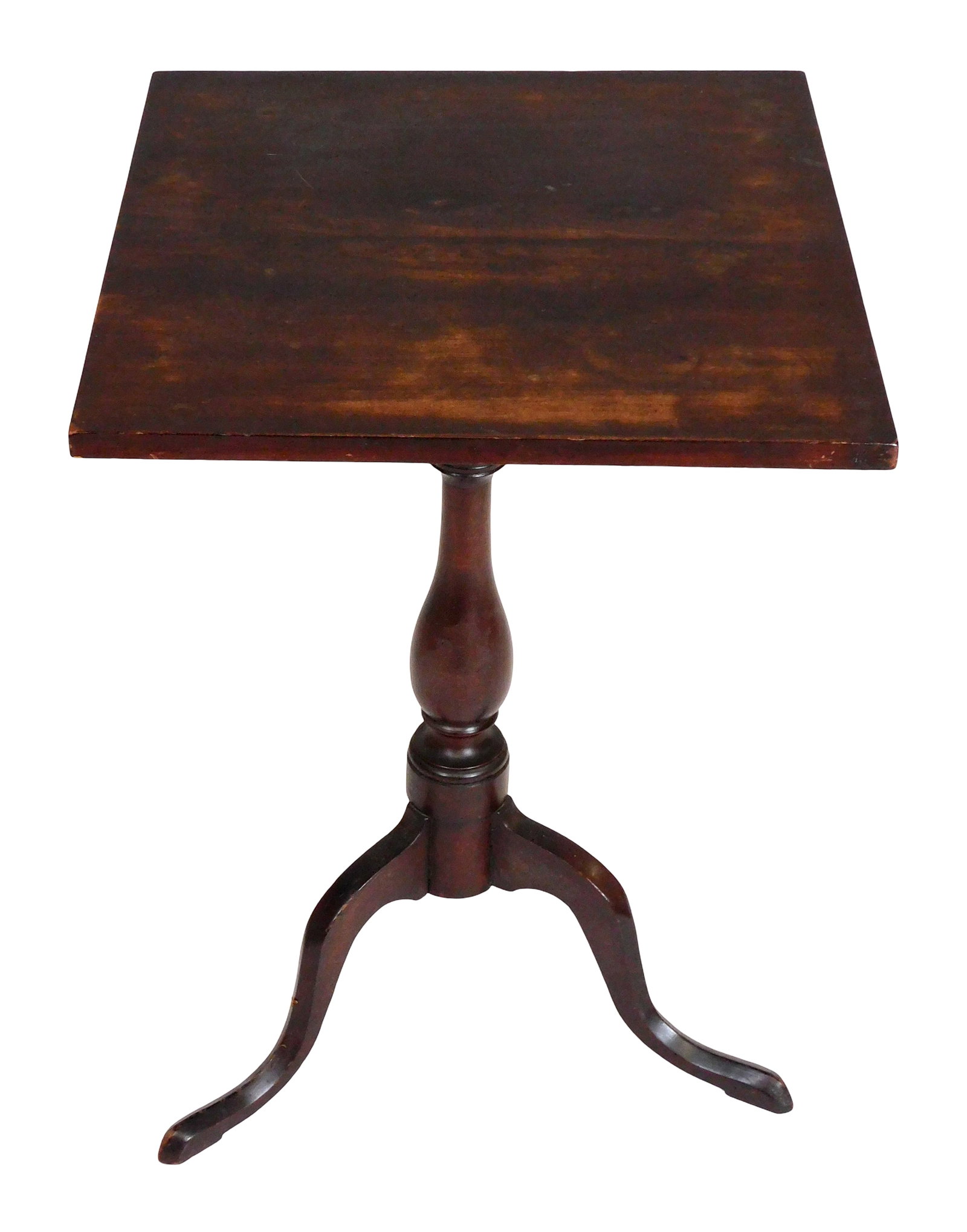 Candlestand, c.1800, New England, cherry, square top, vase and spool turned standard, on three snake (1 of 4)