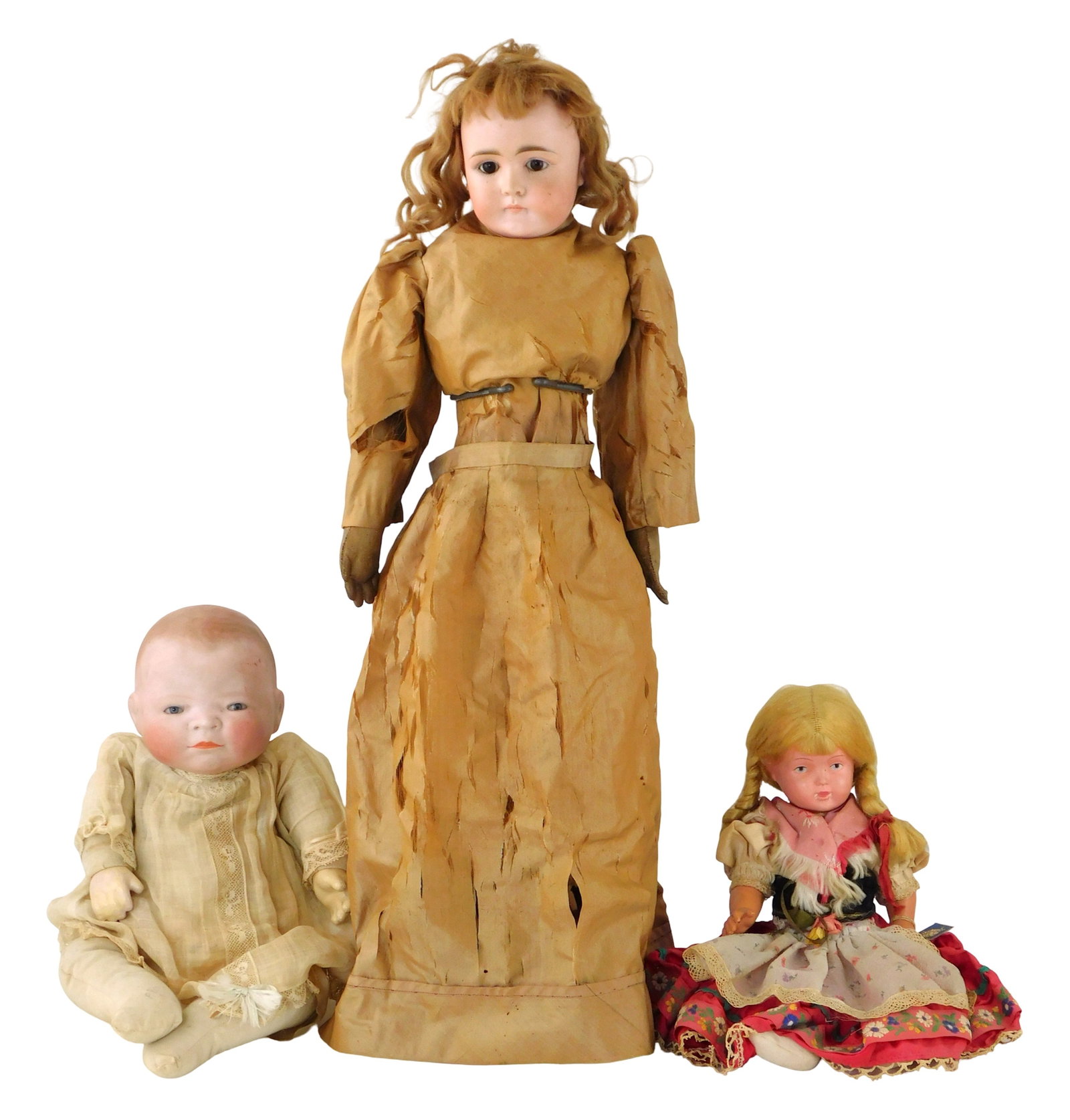 DOLLS: Two bisque head dolls and one celluloid Turtle mark doll, details include: largest bisque (1 of 5)