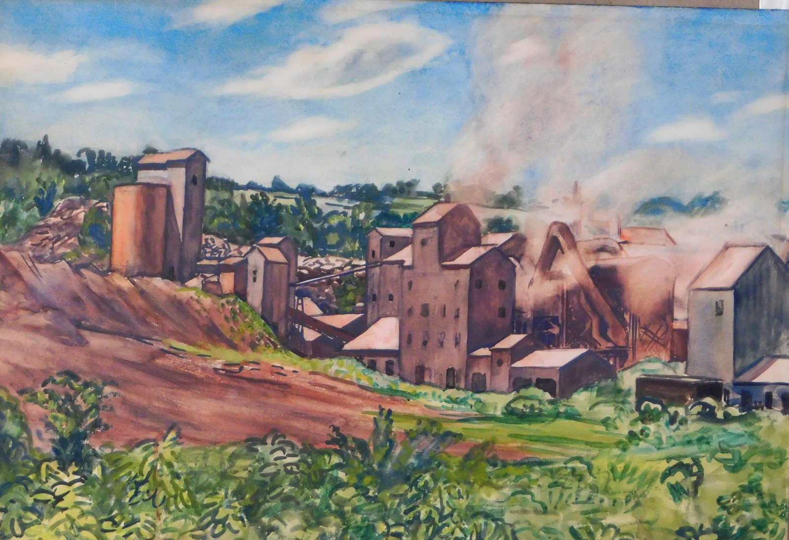 Henry Schnakenberg (American, 1892-1970), “Grinding Pink Slate at Poultney, Vermont”,: Henry Schnakenberg (American, 1892-1970), “Grinding Pink Slate at Poultney, Vermont”, 1928, watercolor, industrial landscape featuring large manufacturing plant with many buildings, signat