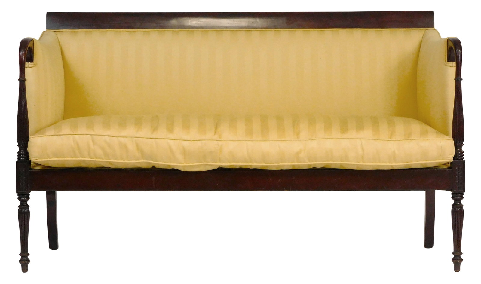 Sheraton style settee, 20th C., American, mahogany, striped yellow upholstery, rolled back crest, (1 of 6)