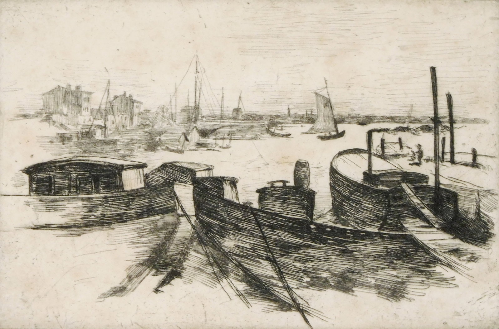 John Henry Twachtman (American, 1853-1902), “The Harbor, Bridgeport”, etching, (1 of 4)