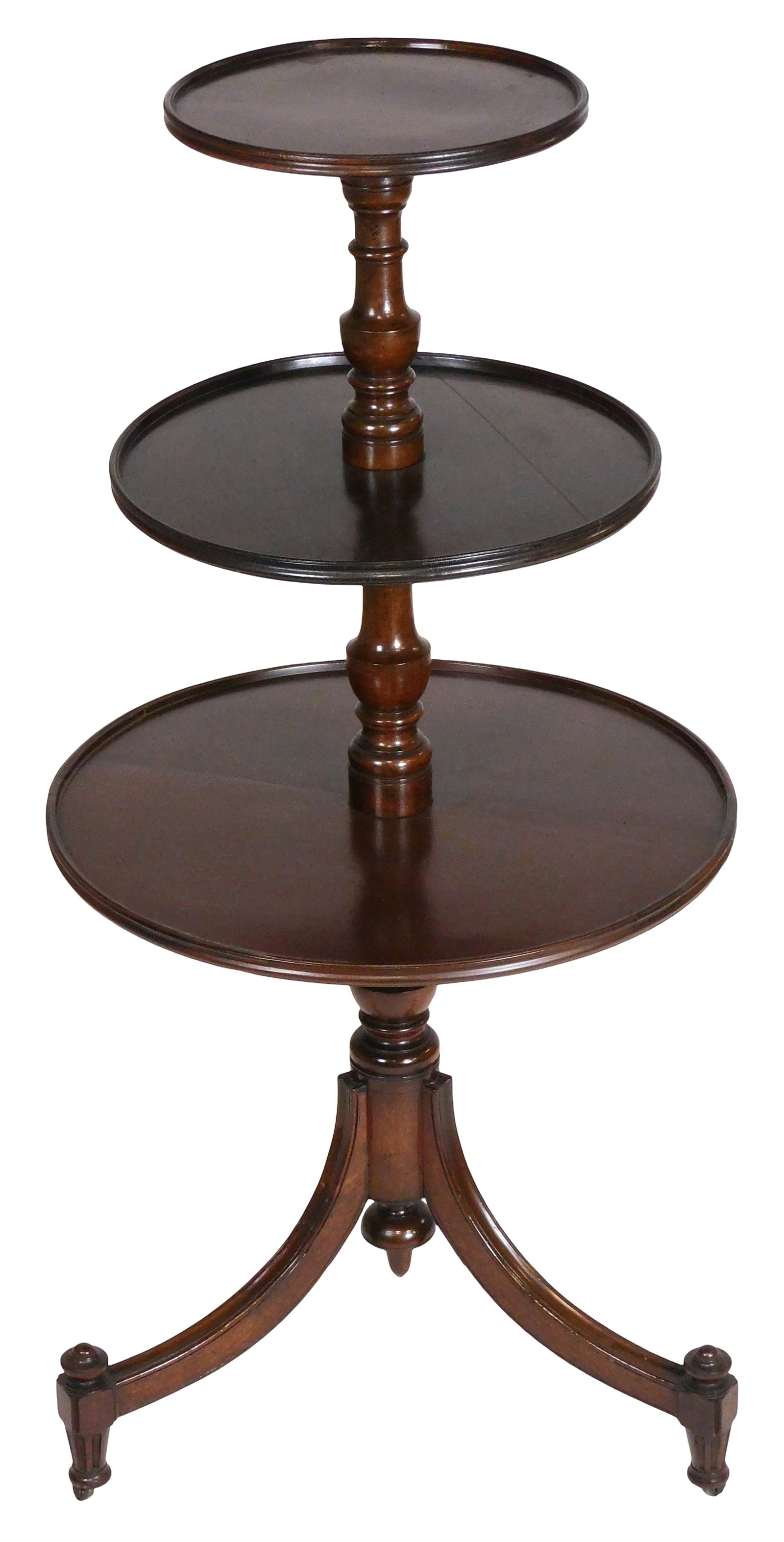 Dumbwaiter, 19th C., likely English, mahogany, three tier with dished platforms, double bead rims on: Dumbwaiter, 19th C., likely English, mahogany, three tier with dished platforms, double bead rims on urn shaped standard, ending on three out swept molded legs on block, turned and fluted feet with ca