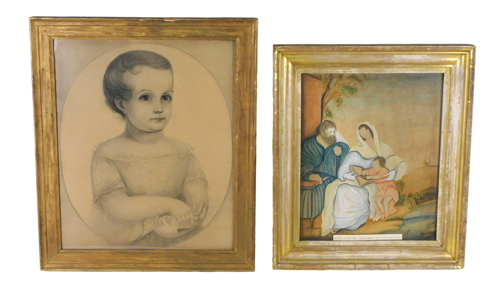Two American artworks, including: late 19th/early 20th C. drawing of young child, conte crayon on: Two American artworks, including: late 19th/early 20th C. drawing of young child, conte crayon on paper, young child in lace sitting holding mother’s hand in their lap, no signature viewed, muse