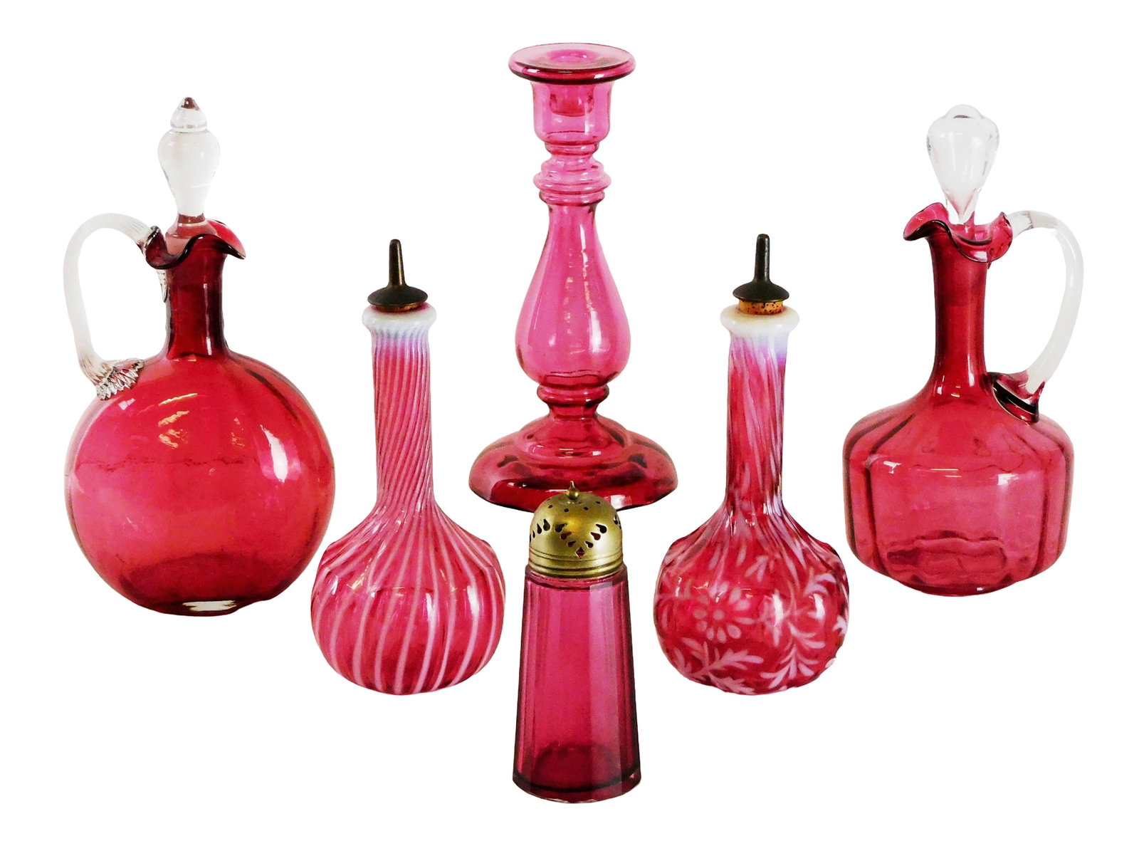 GLASS: Bohemian cranberry glass vessels and candlestick, six pieces, late 19th- early 20th C.,: GLASS: Bohemian cranberry glass vessels and candlestick, six pieces, late 19th- early 20th C., details include: two decanters, both with pontil marks, first with ovoid form, short tapered neck with wa