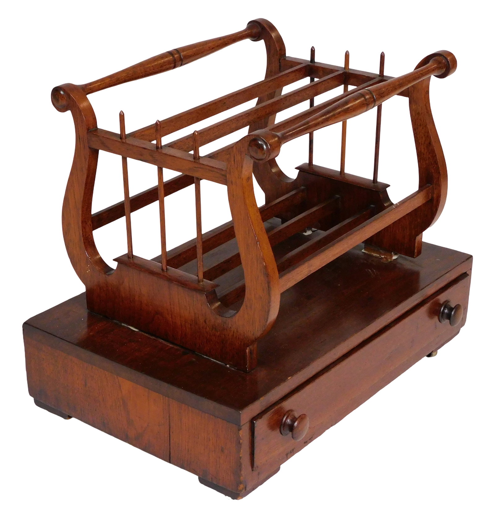 Federal canterbury/magazine rack, early 19th C., American, walnut and pine, open four slot rack over (1 of 5)