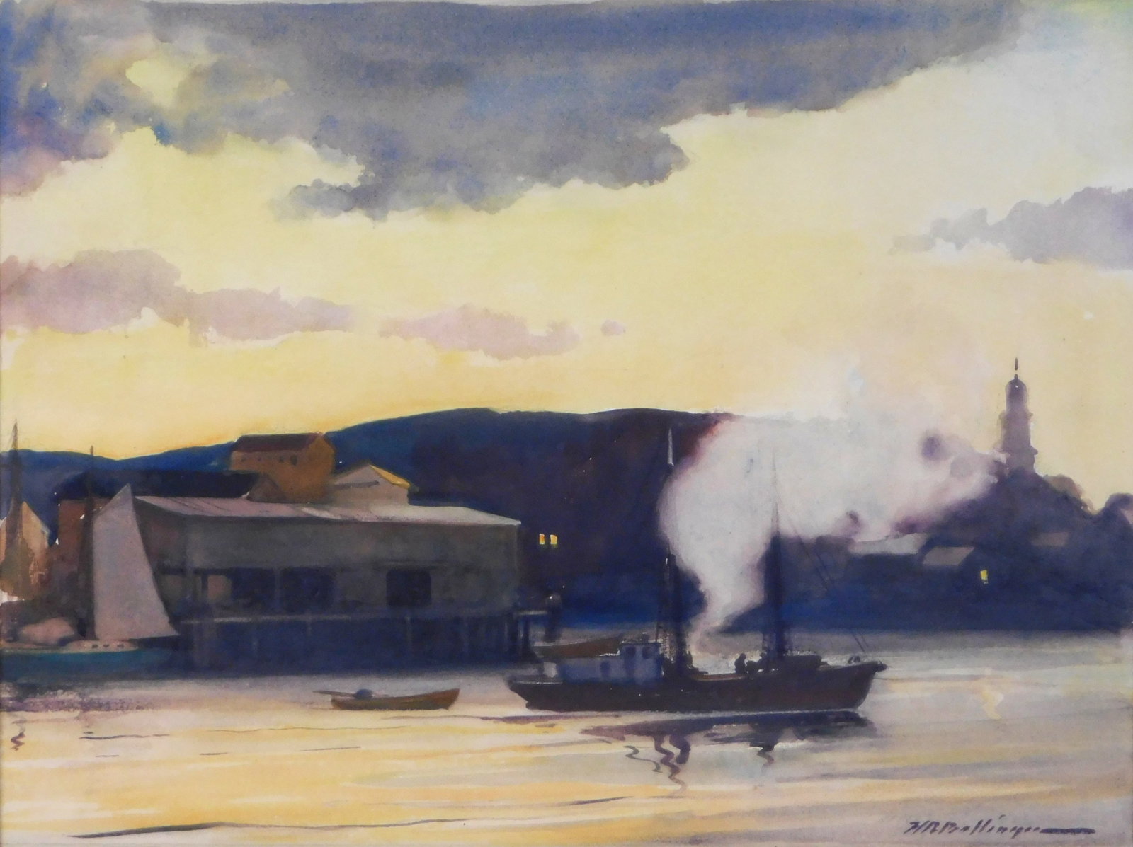 Henry Russell Ballinger (American, 1892-1993), “Night Fall”, 1944, watercolor, sunset: Henry Russell Ballinger (American, 1892-1993), “Night Fall”, 1944, watercolor, sunset casts yellow glow on harbor scene, boat with steam rising in the foreground, signed lower right, museum labels