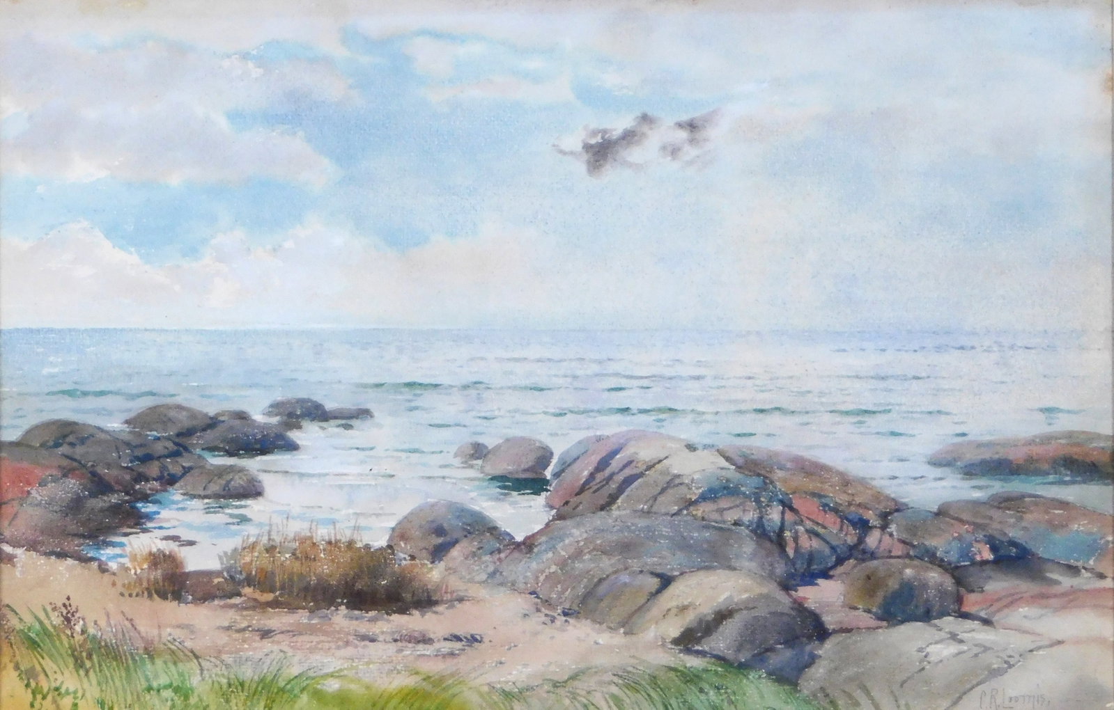 Charles Russell Loomis (American, 1857-1936), “Rocks and Water”, watercolor, rocky: Charles Russell Loomis (American, 1857-1936), “Rocks and Water”, watercolor, rocky shoreline with clouds above, foreground with grass and sand, pencil signature lower right, museum label v