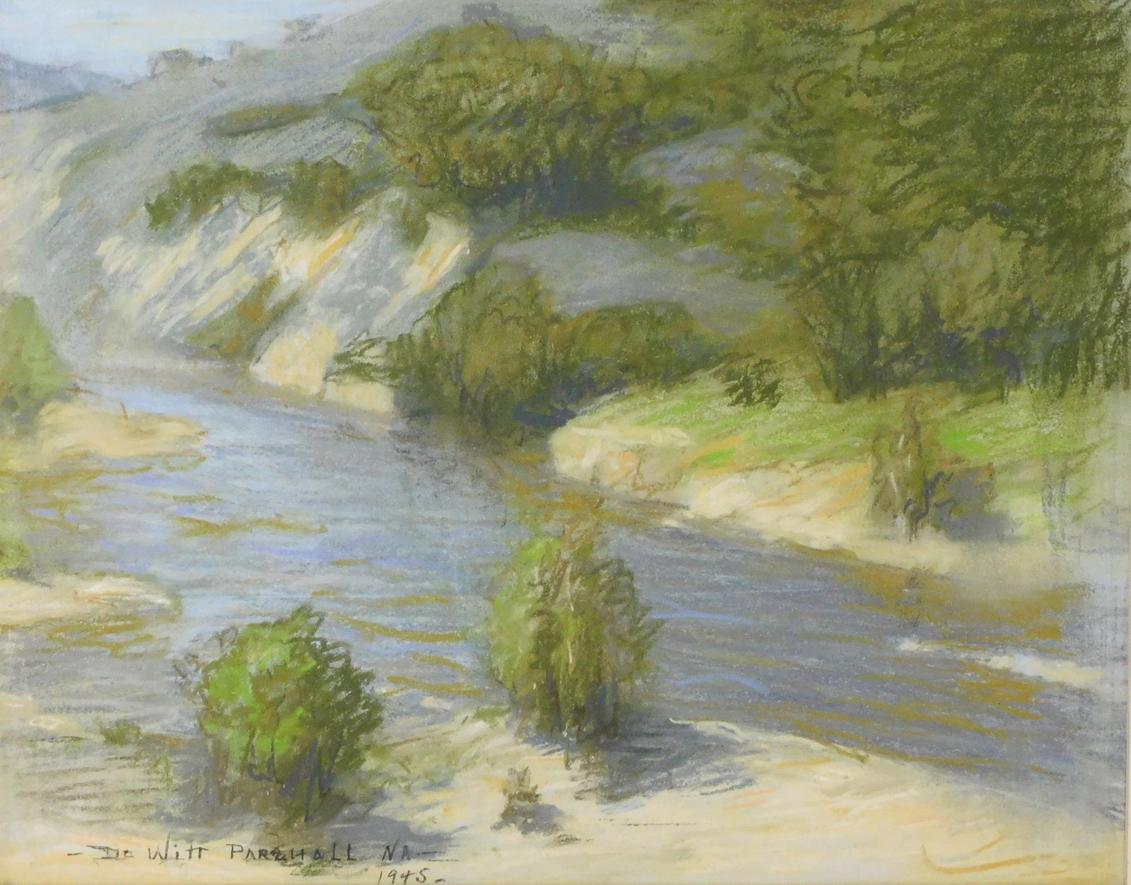 DeWitt Parshall (American, 1864-1956), 1945, pastel on paper, river scene with greenery and rocky (1 of 5)