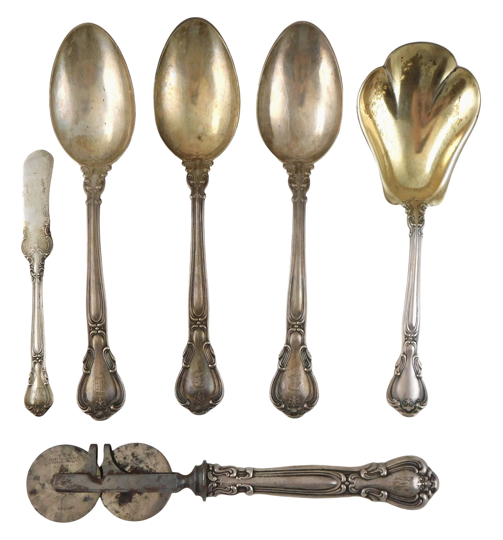 STERLING: Six "Chantilly" serving pieces by Gorham, Providence, R.I. (active 1865- present),: STERLING: Six "Chantilly" serving pieces by Gorham, Providence, R.I. (active 1865- present), sterling silver, pat. 1895, all hallmarked on reverse, raised Art Nouveau scroll decoration to both sides, 