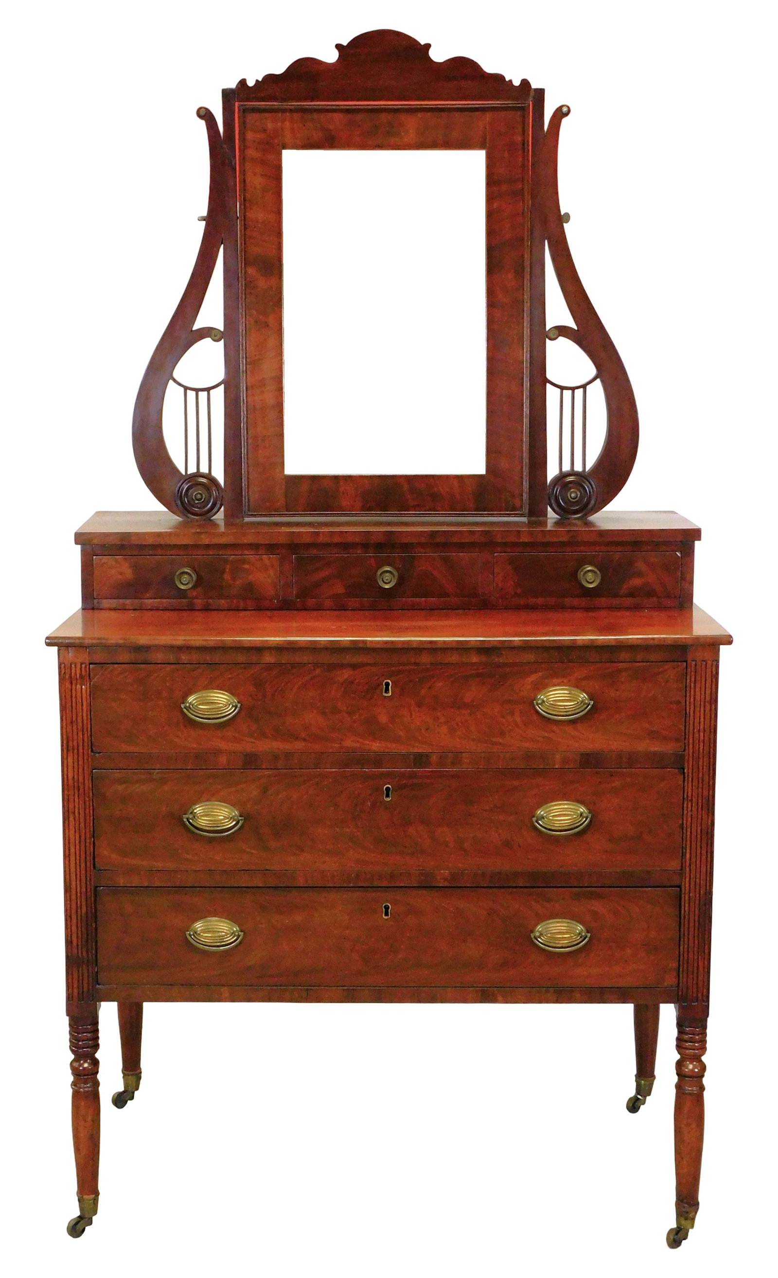 +Federal dressing bureau, early 19th C., American, mahogany, crotch mahogany veneer, pine, poplar, (1 of 4)