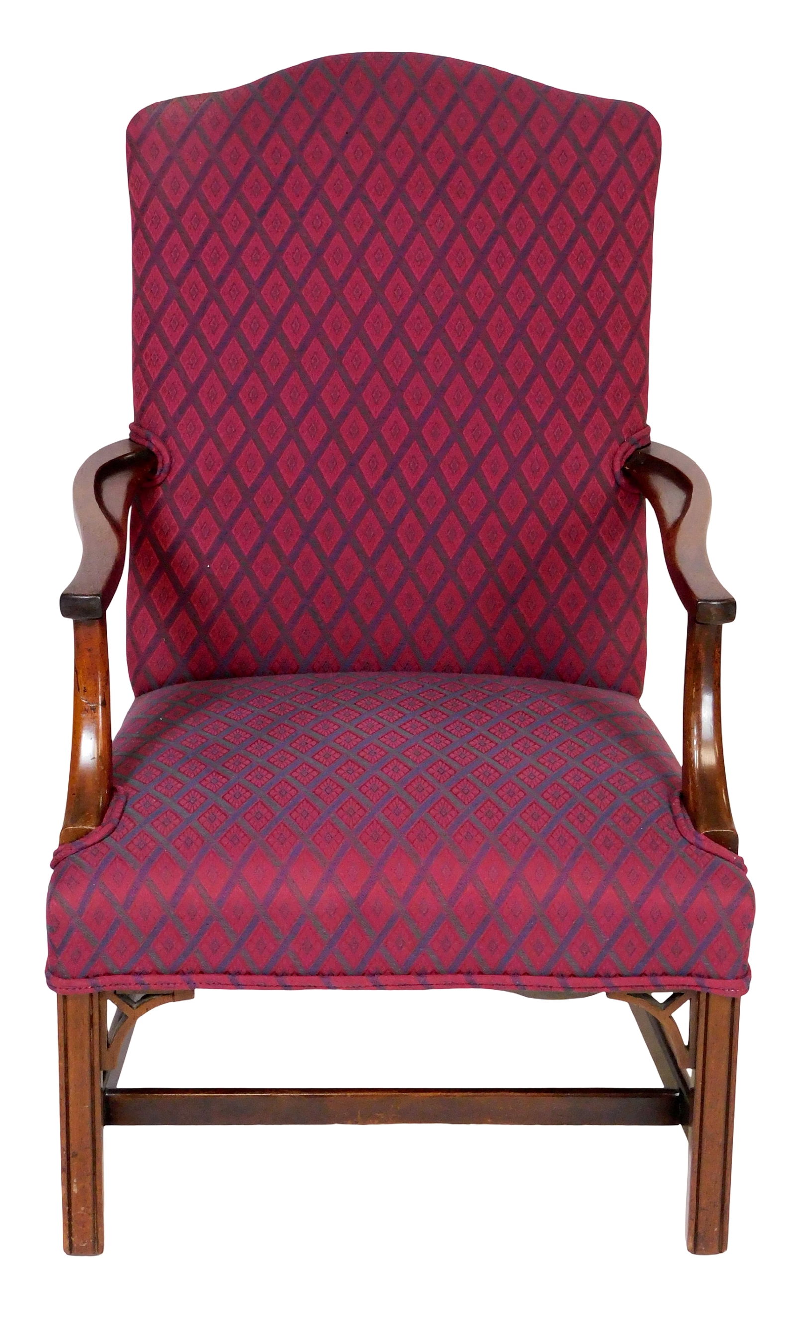 Lolling chair, 20th C., Chippendale style, red upholstery with blue and green diamond pattern,: Lolling chair, 20th C., Chippendale style, red upholstery with blue and green diamond pattern, serpentine crest, mahogany out-curved carved arms with down swept supports, molded legs with H-form stret