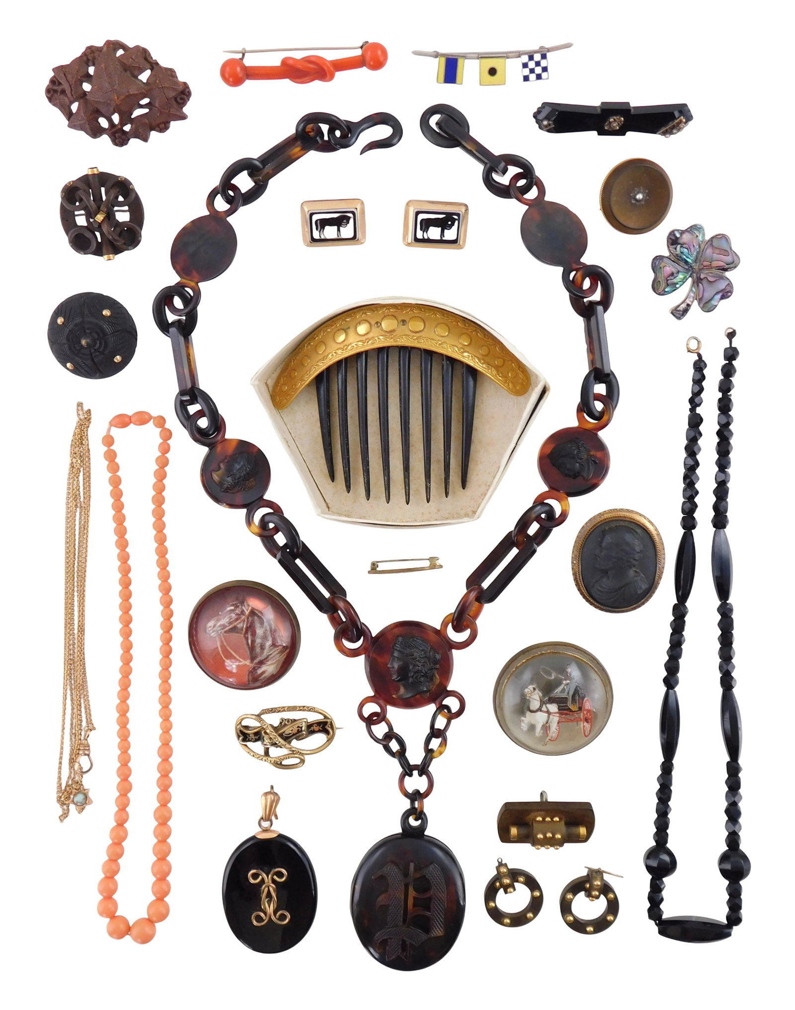 COSTUME JEWELRY: Antique and vintage jewelry, 20+ pieces, including Victorian mourning and Etruscan: COSTUME JEWELRY: Antique and vintage jewelry, 20+ pieces, including Victorian mourning and Etruscan Revival pieces, details include: Etruscan Revival pieces include four brooches and a pair of earring