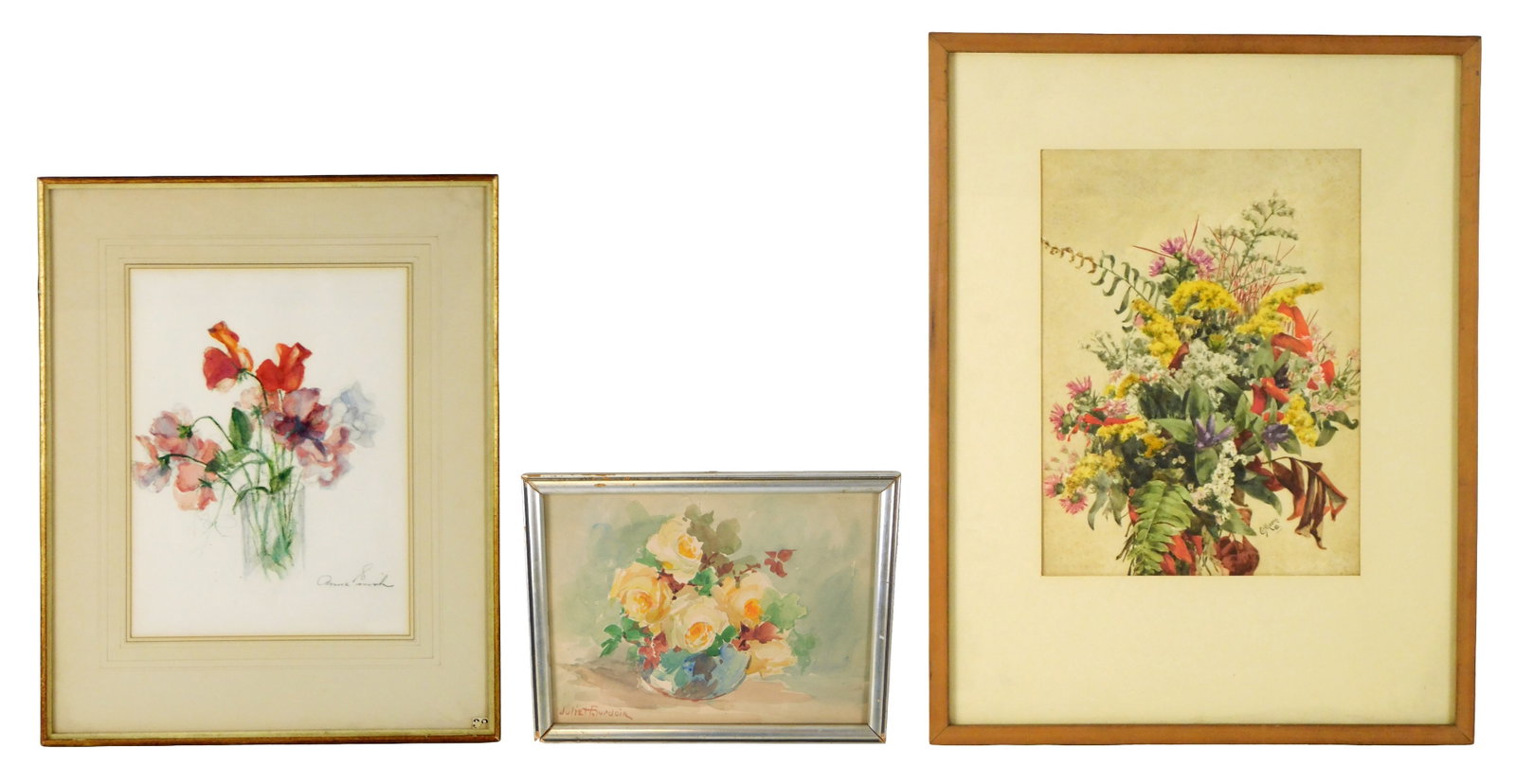 Three late 19th C. framed floral watercolors, including: Ethelbert Allen Moore (American, 19th C.),: Three late 19th C. framed floral watercolors, including: Ethelbert Allen Moore (American, 19th C.), “Fall Flowers”, 1883, watercolor, bouquet of a variety of flowers in warm autumnal hues,