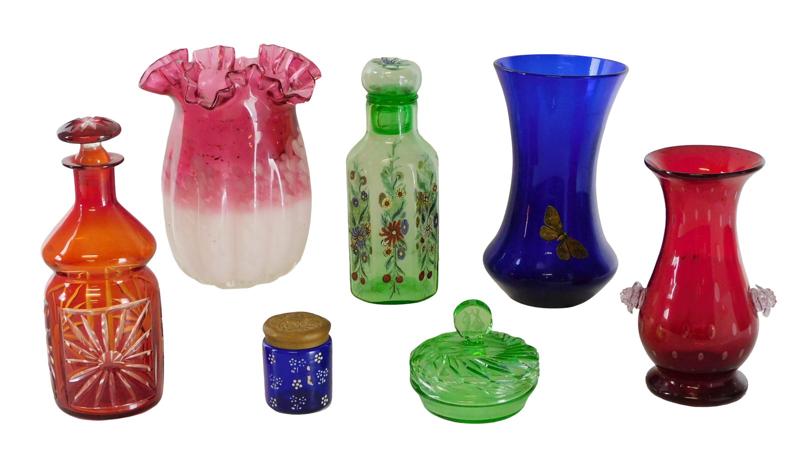 GLASS: Seven art glass vessels, some continental, late 19th- early 20th C., details include: three: GLASS: Seven art glass vessels, some continental, late 19th- early 20th C., details include: three Bohemian vases, cranberry and white splatter melon-form ruffled rim vase; ruby red vase, applied glas