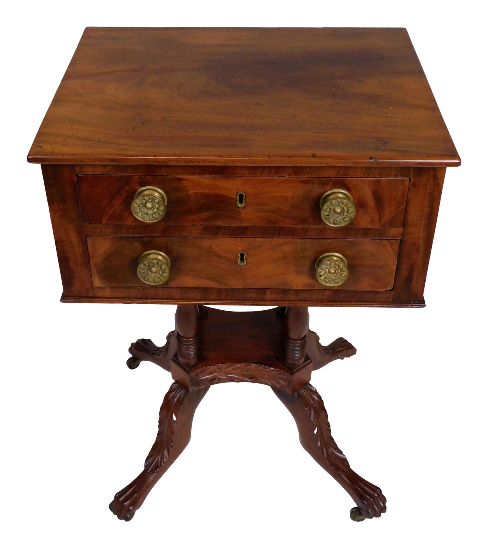 +Federal mahogany work stand, first half 19th C., possibly New York, rectangular top over two: +Federal mahogany work stand, first half 19th C., possibly New York, rectangular top over two drawers, drawers and side panels with crotch and figured mahogany veneer, upper drawer with partitions, st